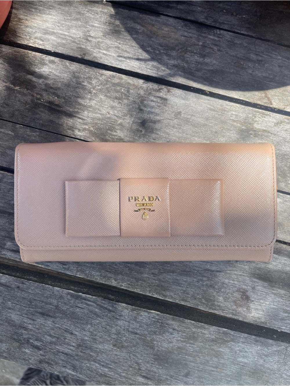 Prada Saffiano Fiocco Bow Continental Wallet Cammeo